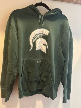 Nike Men's Dark Green Crewneck Hoodie with White Spartan Logo
